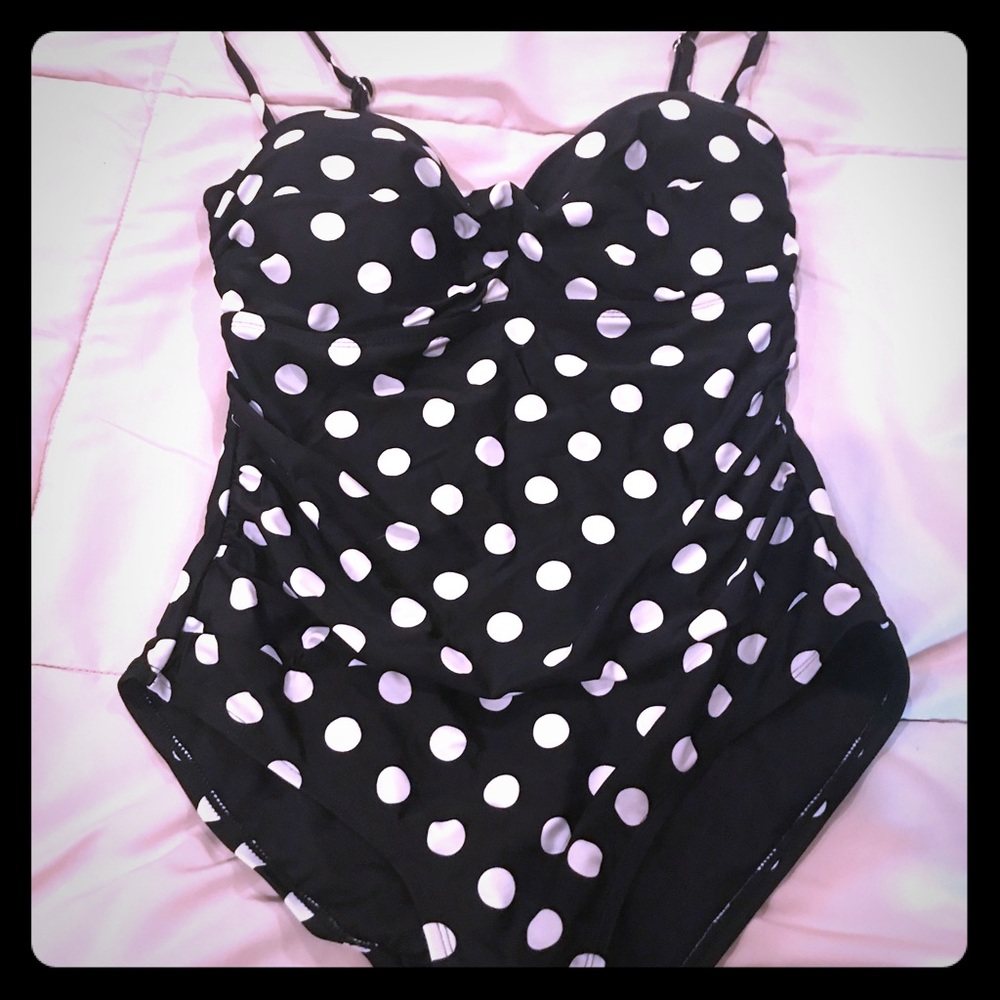Black and white polka dot one piece bathing suite